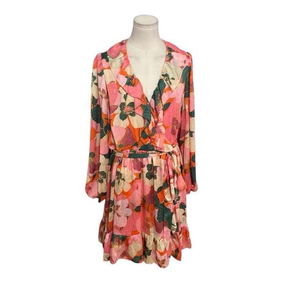 TAYLOR‎ Floral Pink Orange Mini Dress Ruffle Long Sleeve Sundress Sun Size XL 1X - Picture 2 of 9